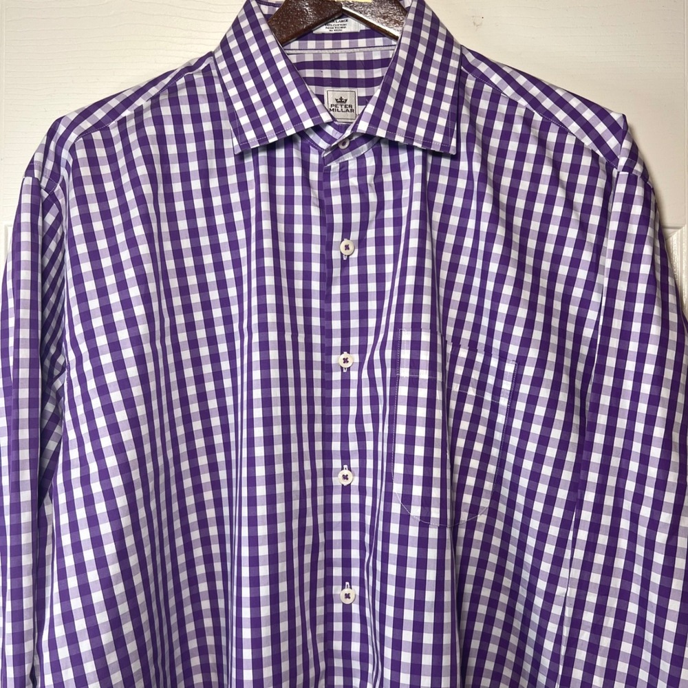 Peter Millar Seaside Finish Gingham Mens XL Purple White Long Sleeve